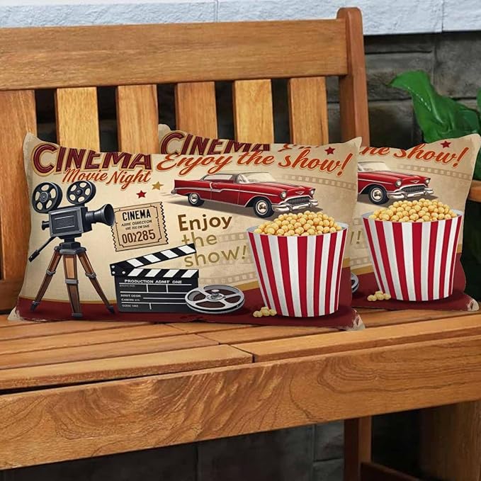 EKOBLA Throw Pillow Case 12x20 Inch Cinema Retro Poster Letters Movie Night Enjoy The Show Pop Corn Projector Studio Decorative Throw Pillow Cover Rectangle Cushion Covers Cotton Linen 12x20 Inch