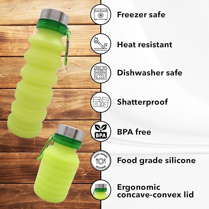 Gadgetime USA Collapsible Water Bottle (Yellow) - Reusable, BPA Free, Silicone, Foldable Portable & Leak Proof - Water Bottles for Travel Gym Camping Hiking - Sports Water Bottle with Carabiner