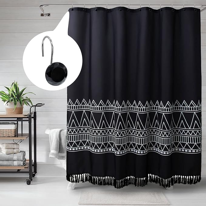 MitoVilla Black Shower Curtain Hooks Rings, Metal Shower Hooks for Shower Curtain Liner, Black Rust Proof Shower Rings for Curtain Accessories and Bathroom Shower Rod, 12 Pack Bathroom Set