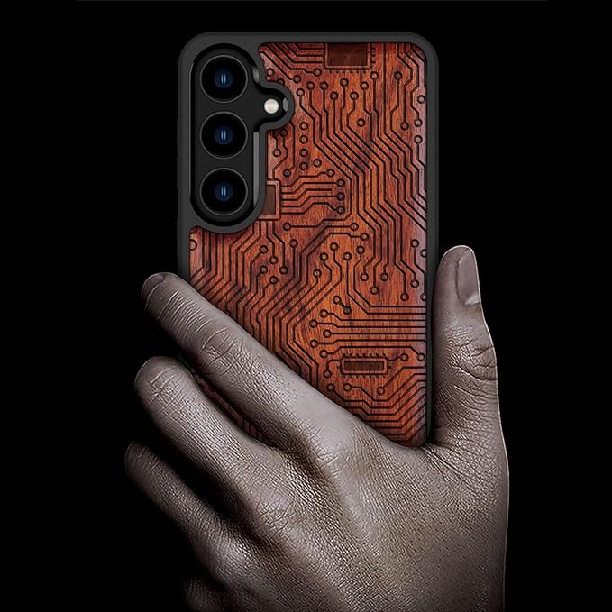 Carveit Wood Case for Galaxy S24 Plus Case [Natural Wood & Black Soft TPU] Shockproof Protective Cover Unique Wooden Design Compatible with S24 Plus (Motherboard-Rosy)