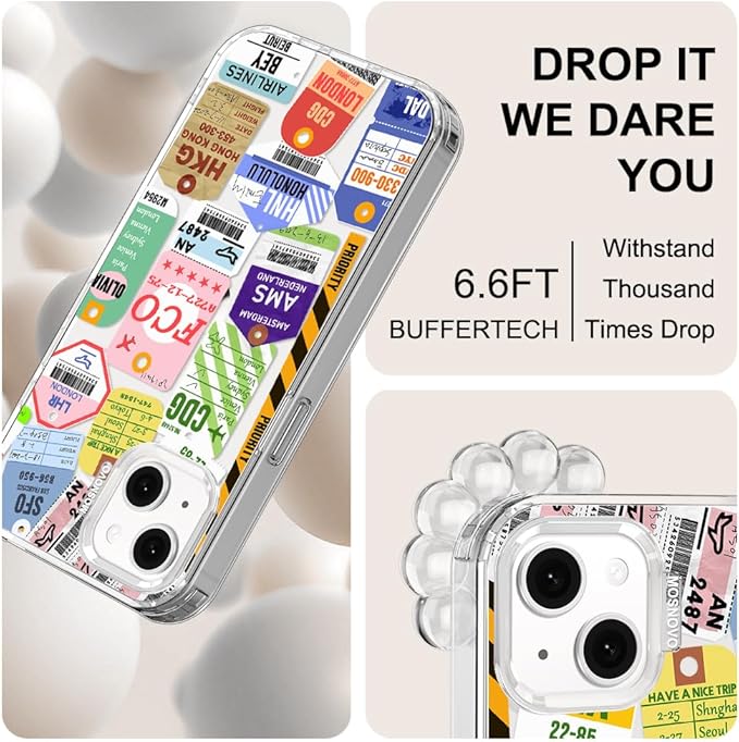 MOSNOVO for iPhone 13/14 Case | Military Grade 6.6ft Drop Tested | Clear with Air Ticket Labels Design