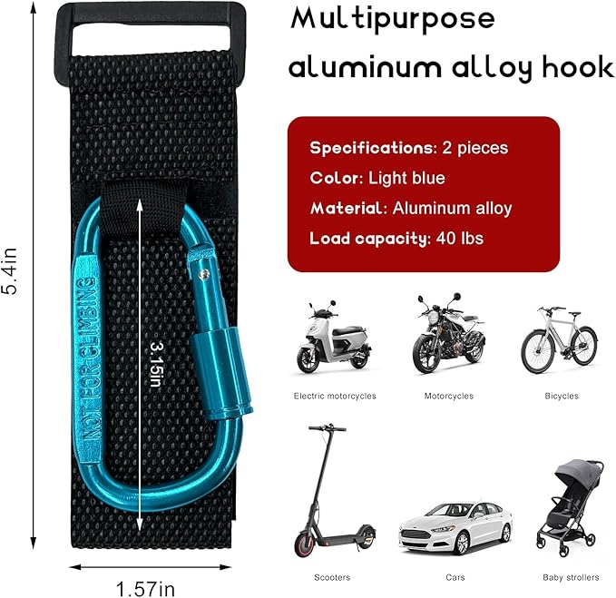 2 PCS UTV Hook for Hanging Headsets, Aluminum Alloy Stroller Carabiner Clips with Adjustable Strap, Multipurpose Roll Cage Hooks for Motorcycle Dirt Bike Scooter Owners (Light Blue)