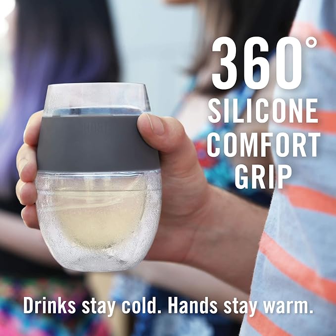 Host Cooling Wine Freeze Cup with Lid, Set of 2 Plastic Double Wall Insulated Wine Tumbler Drink Cups with Freezing Gel for Red and White Wine, Coral