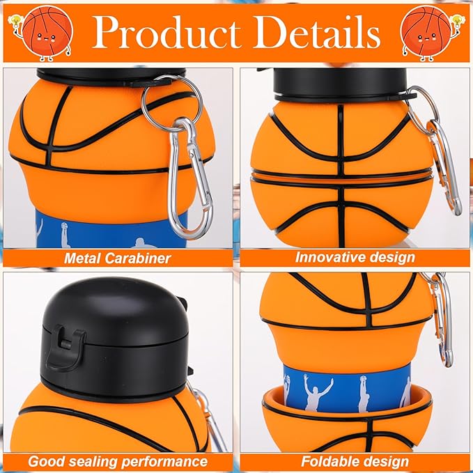 Layhit 8 Pcs Basketball Water Bottles 18oz Collapsible Basketball Water Cups for Kids Silicone Sport Party Favors for Players Lovers School Team Gifts Travel Sport Theme Party Accessories