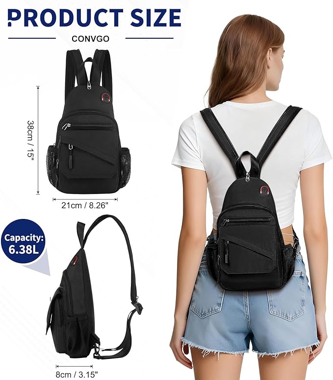 Crossbody Bag Casual Sling Bag for Men, Convertible Backpack, 3-in-1 Anti-Theft Shoulder Bag Trendy Daypack for Travel,Large, Black