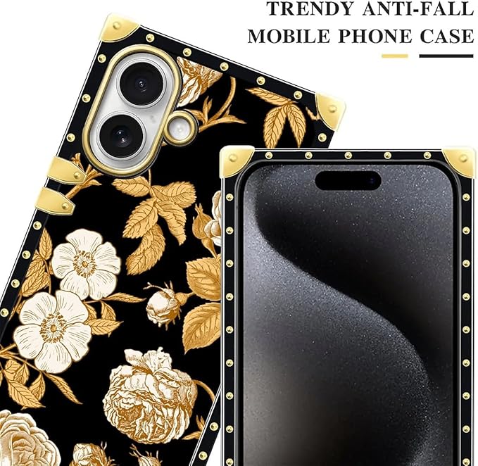 for iPhone 17 Case Luxury Golden Decoration for Girl Women Soft TPU Shockproof Protective Hard PC Back for iPhone 17 Crazy Pattern Blooming Rose Golden Flower