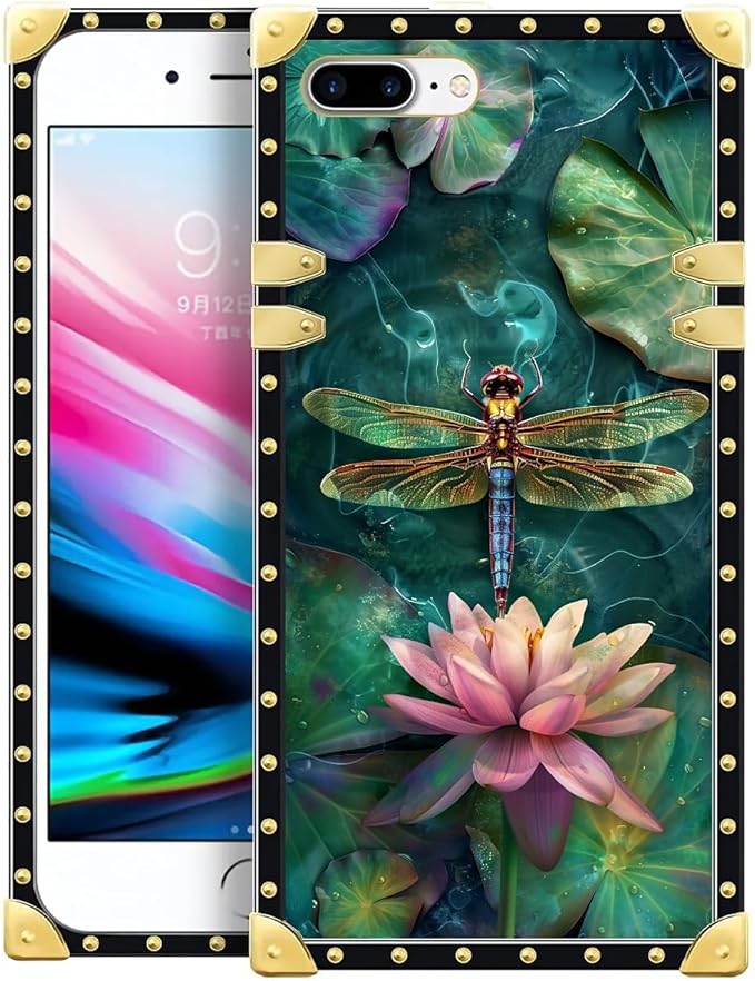 Compatible with iPhone 8 Plus 7 Plus Case, Colourful Dragonfly Pink Lily Pads Luxury Golden Decoration for Girl Women Soft TPU Shockproof Protective Hard PC Back