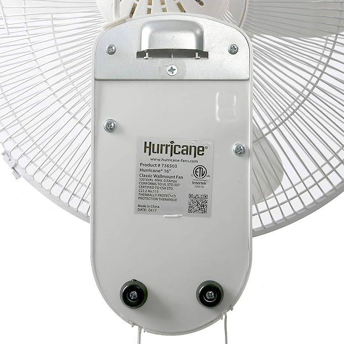 Hurricane Classic Oscillating Wall Mount Fan w/ 3 Quite Speeds, White, 16" - Corded Electric Air Cooling Unit w/ Easy Pull Cord Controls for Home, Grow Tents, Offices, Sheds, Studios, Garages & Dorms
