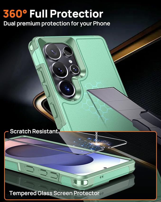 Lanhiem for Samsung Galaxy S25 Ultra Phone Case with Tempered Glass Screen Protector, Shock Absorption, Anti-Scratch Shockproof Case Cover for Samsung S25 Ultra, Green