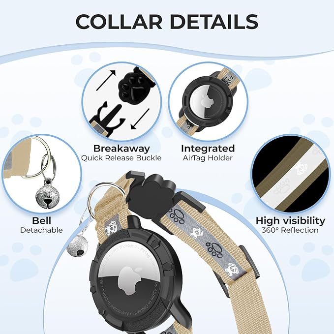 Breakaway AirTag Cat Collar, Reflective Cat Tracker Collar with Air Tag Holder and Bell, Safety Elastic Band Cat GPS Collars for Girl Boy Cats, Kittens and Puppies (Khaki, 8-13'')
