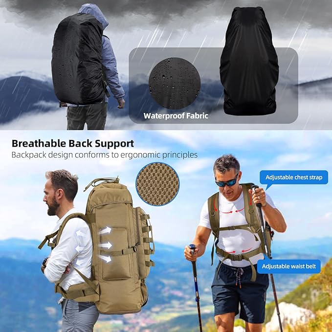 70L/100L Camping Hiking Backpack with Rain Cover, Expandable Large Military Tactical Backpack, Waterproof Molle Racksack Travel Backpacking Daypack for Climbing Trekking (Khaki)