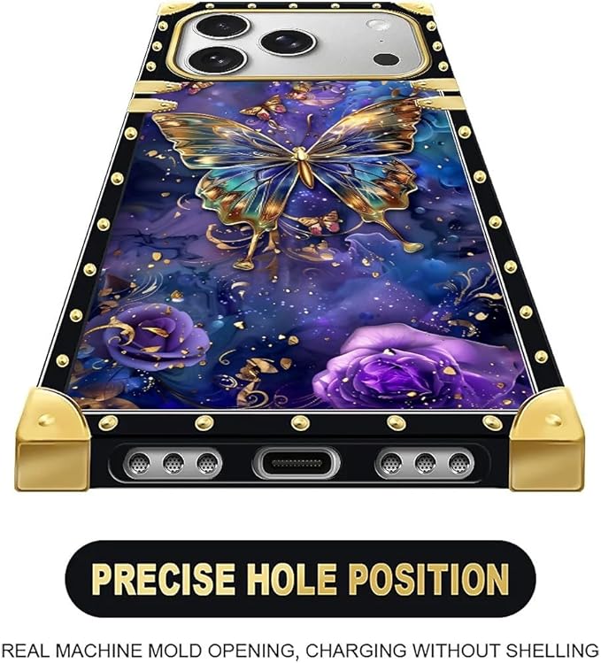 for iPhone 17 Pro Max Case Luxury Golden Decoration for Girl Women Soft TPU Shockproof Protective Hard PC Back Crazy Pattern Glistening Golden Butterfly Vibrant Purple Blue