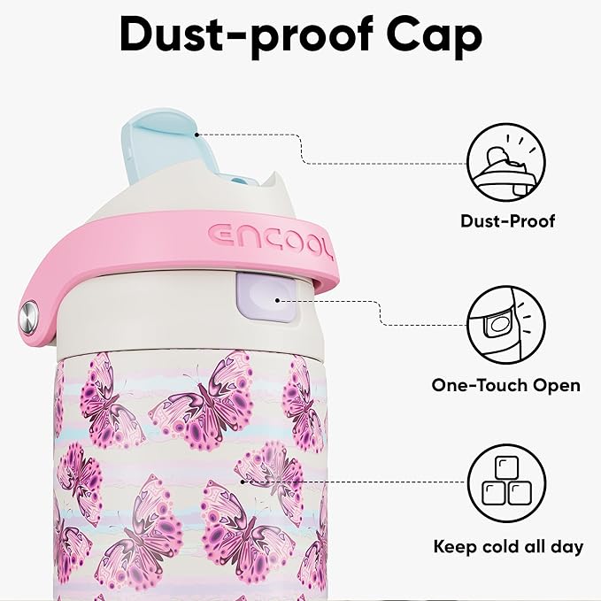 ENCOOL Leakproof Insulated Water Bottle with Straw Dual-Sip Water Bottle Bag-Safe Design for Work, Commute & Gym – Keeps Drinks Cold All Day, 32 oz, Y2K Butterfly