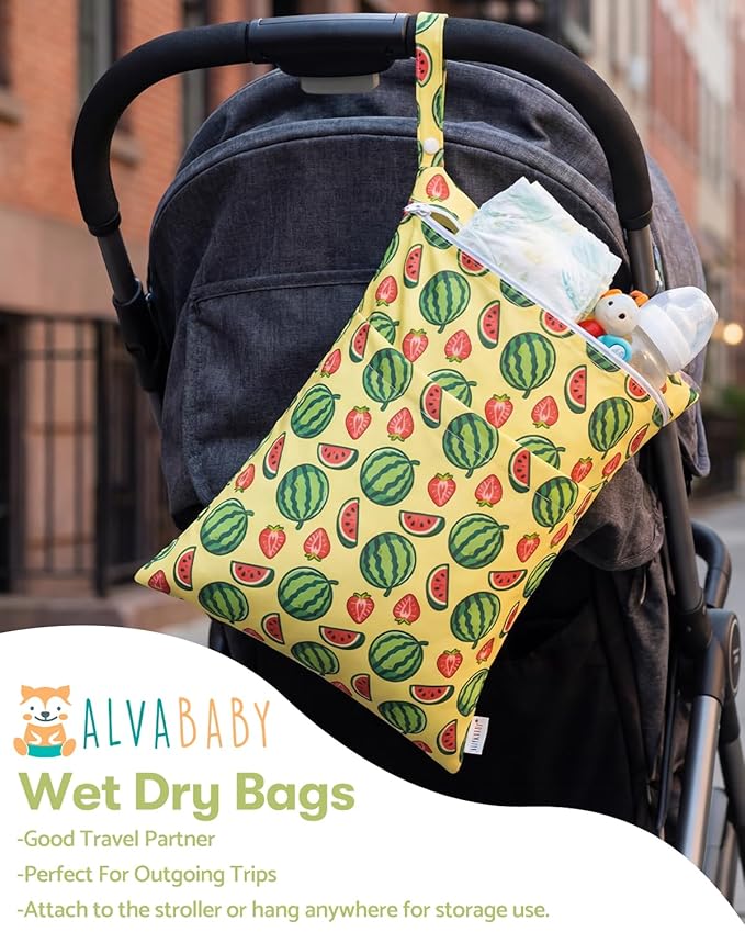 ALVABABY 2pcs Waterproof Wet Dry Bags,Reusable with Two Zippered Pockets,Baby Cloth Diaper,Travel,Beach,Pool,Daycare,Soiled Baby Items,Yoga Gym Bag,Swimsuits or Wet Clothes 2LW06