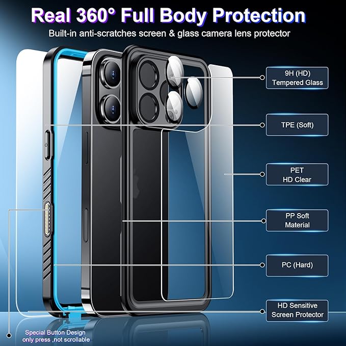 2025 New Designed for iPhone 16 Pro Max Case Waterproof, [Built-in Screen Protector & Glass Camera Protector][Full Body Shockproof][IP68 Underwater][Dropproof] Phone Case for iPhone 16 Pro Max 6.9"