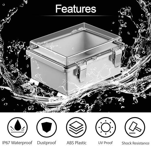 LeMotech Electrical Box, IP67 Waterproof Hinged Clear Cover Stainless Steel Latch Junction Box, ABS Plastic Electrical Enclosure with Mounting Plate,Wall Brackets, Cable Glands,5.9"x3.9"x2.8",Grey