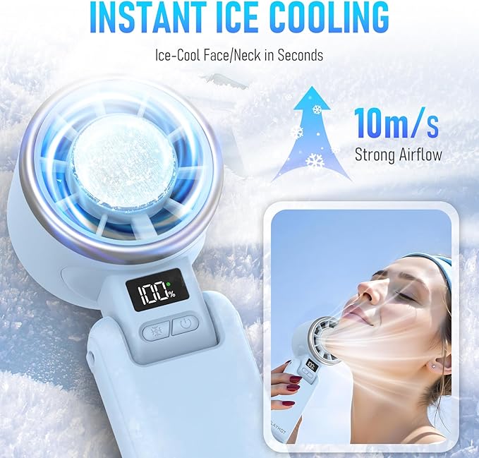 PlayHot Upgraded Portable Handheld Fan with 60°F Ice Cooling, Up tp 12Hrs Personal Fans Portable Rechargeable, 5 Speed 25550RPM Powerful Portables Fan Handheld, Hand/Neck/Desk Fan 3 IN 1(Blue)