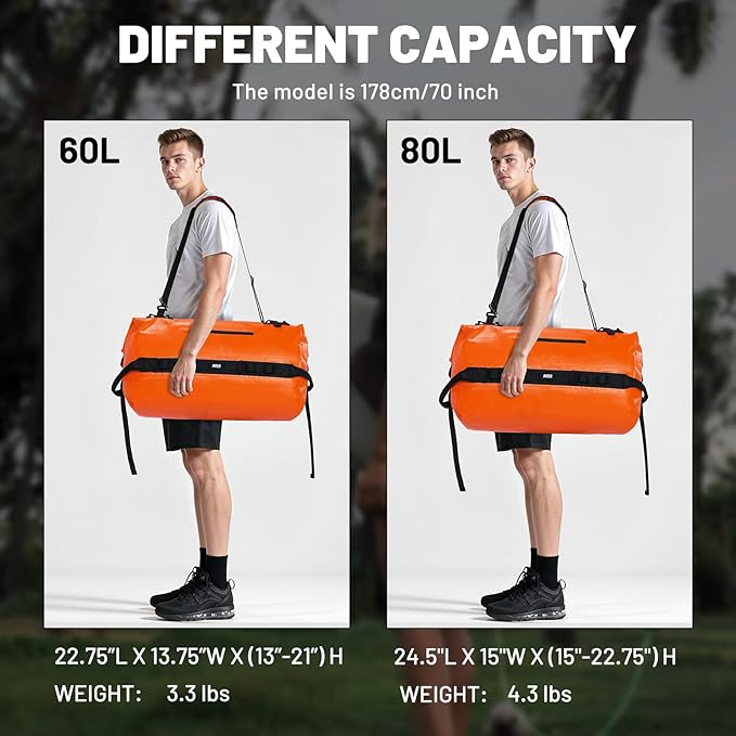 MIER Waterproof Duffel Bag Motorcycle Dry Bag Backpack Large Roll-Top Heavy Duty Dry Duffle Bags for Kayaking Camping Boating Gym Beach Cruise Ship, 60L/80L