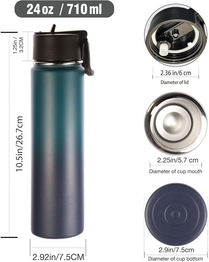 Volhoply 24oz Insulated Water Bottle With Straw Bulk 6 Pack,Metal Wide Mouth Water Bottles With Handle Keep Cold,Reusable Double Wall Cups,Powder Coated Sport Bottle For Holder(Dark Night,6 Count)