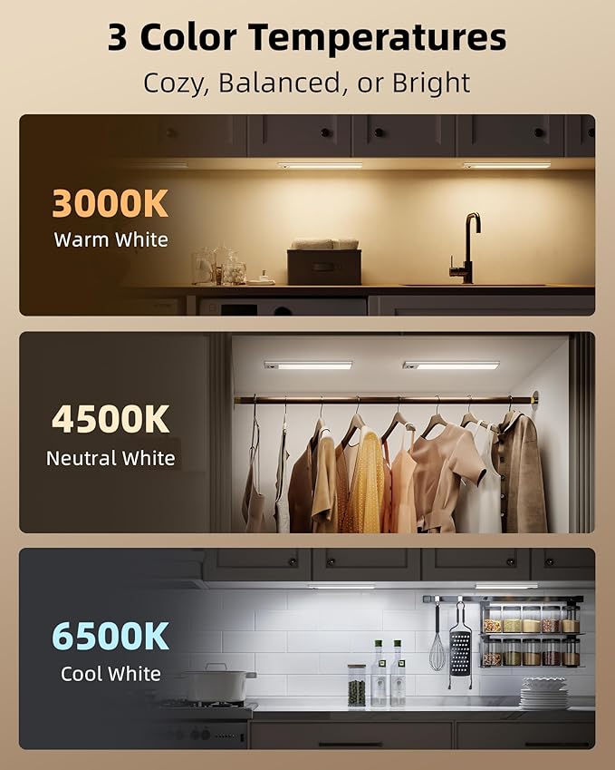 EZVALO 5-Pack Under Cabinet Lighting, 3300mAh Rechargeable Motion Sensor Light, 12inch Magnetic Closet Lights with Dimmable & 3 Color Temps, Wireless Motion Activated Lights with Remote for Kitchen