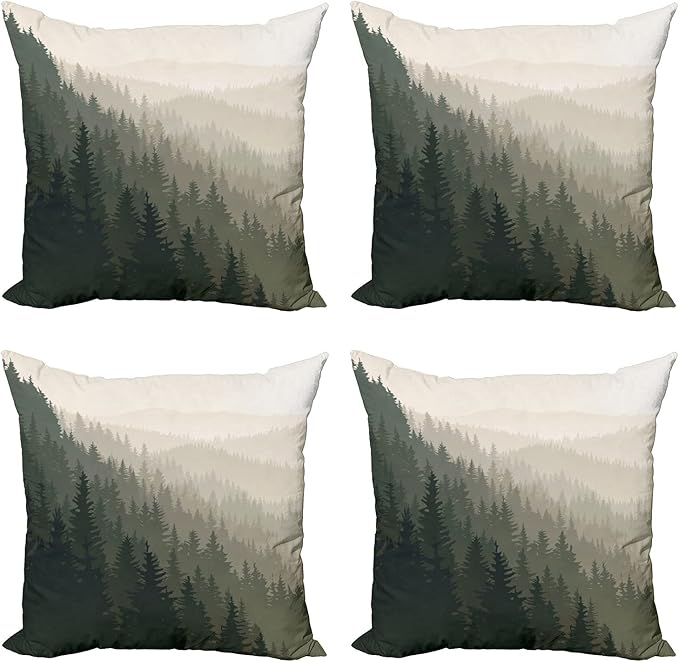 Ambesonne Forest Throw Pillow Cushion Case Pack of 4, Northern Parts of The World Coniferous Trees Scandinavian Woodland, Modern Accent Double-Sided Digital Printing, 16", Cream Tan Dark Green