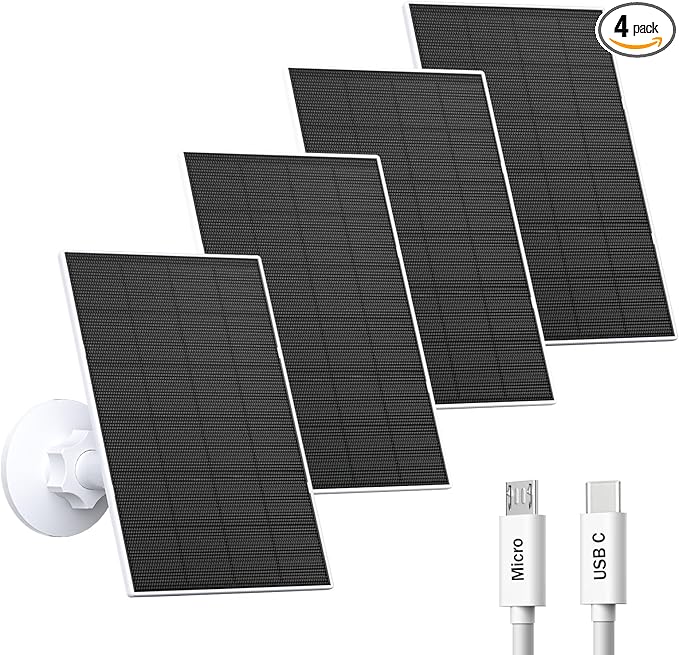 2W Solar Panel for Security Camera Outdoor, USB/USB-C Charger with IP65 Waterproof, 360° Adjustable Mount & 7.2ft Cable, Compatible with Rechargeable Battery Cameras (4 Pack, White)