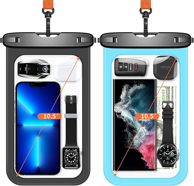 Lanhiem Large Waterproof Phone Pouch [Up to 10.5"] Universal IPX8 Waterproof Dry Bag with Lanyard for iPhone 17 Pro Max /16/15, S25 Ultra/ S24/ S23 Plus/FE, Moto G/Pixel 10 9 8 Pro, Black+Mint