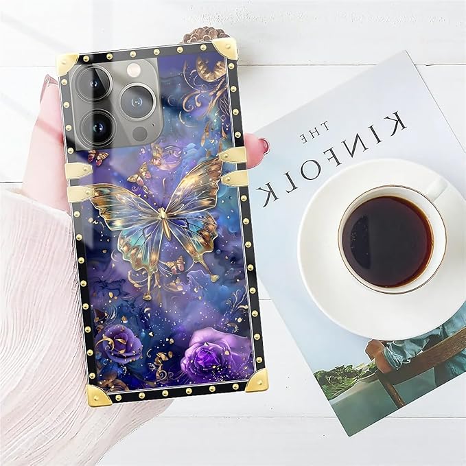 Compatible with iPhone 13 Pro Case, Glistening Golden Butterfly Vibrant Purple Blue Luxury Golden Decoration for Girl Women Soft TPU Shockproof Protective Hard PC Back
