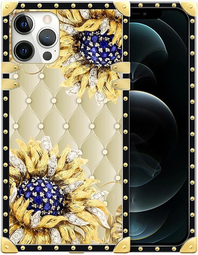 Compatible with iPhone 12 12 Pro Case, Sunflower Diamonds Leather Luxury Golden Decoration for Girl Women Soft TPU Shockproof Protective Hard PC Back for iPhone 12 12 Pro