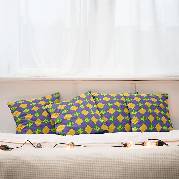 Ambesonne New Orleans Throw Pillow Cushion Case Pack of 4, Mardi Gras Themed Rhombuses with Fleur De Lis Motifs Classic Geometry, Modern Accent Double-Sided Digital Printing, 24", Violet Yellow
