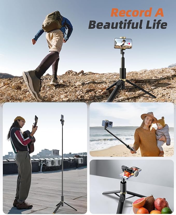 Vimose Phone Tripod & Selfie Stick with Remote, Portable, Lightweight for Video Recording Vlog, Extendable Travel Tripod Stand Compatible with iPhone Android, Black, 62"