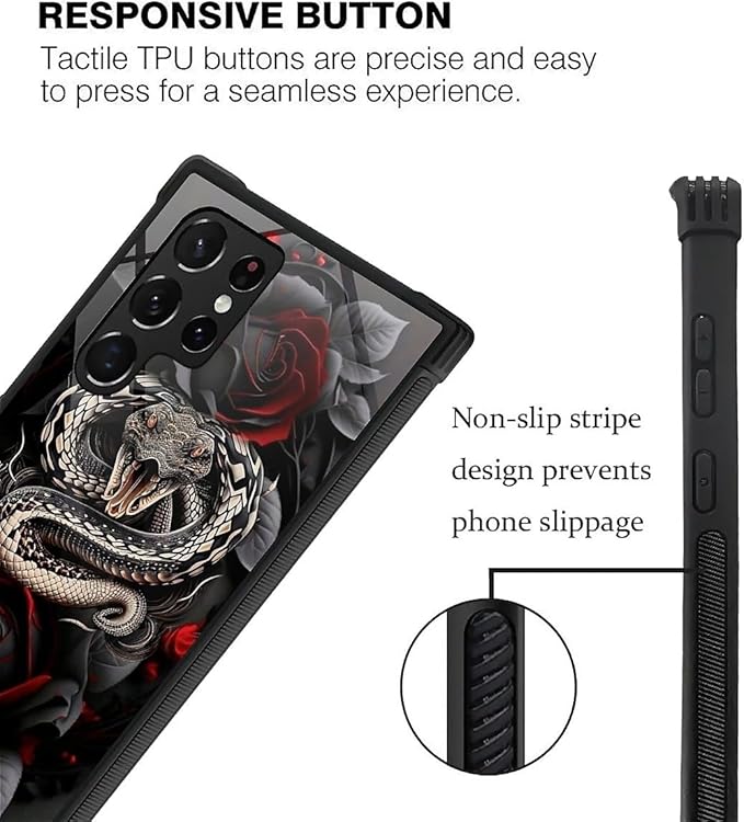 for Samsung Galaxy S23 Ultra Case, Entwined Rose Snake Pattern Graphic Design Girl Boy Soft Silicone Hard Acrylic Shock Protection for Samsung Galaxy S23 Ultra