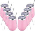MEWAY Stemless 12oz Insulated Wine Tumbler with Lid and Straw - Double Wall Stainless Steel Thermal Cup for Hot and Cold Drinks, Bridal Shower Prizes for winners(Pink,Set of 8)