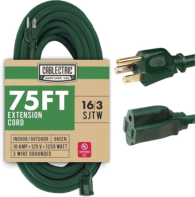 75 Foot Outdoor Extension Cord - 16/3 SJTW Green 16 Gauge Electrical Cable with 3 Prong Grounded Plug - Great for Powering Christmas Lights