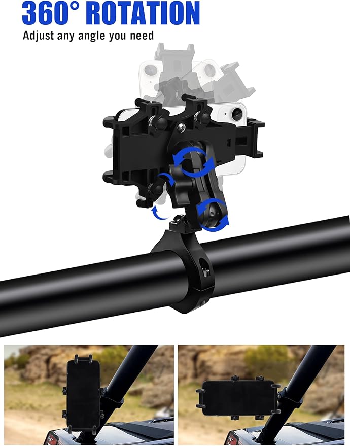 ZIDIYORUO UTV Phone Holder, Aluminum Alloy Heavy Duty Cell Phone Mount for UTV/SXS,360° Adjustable Mounting Bracket Fits 1.75”-2” Roll Cage, 8 Claws Tightly Hold iPhones or 4.7”-7.1" Devices
