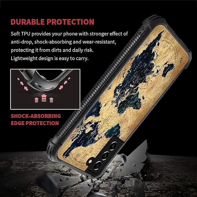 for Samsung Galaxy S22 Case, Brown World Map Pattern Graphic Design Girl Boy Soft Silicone Hard Acrylic Shock Protection for Samsung Galaxy S22