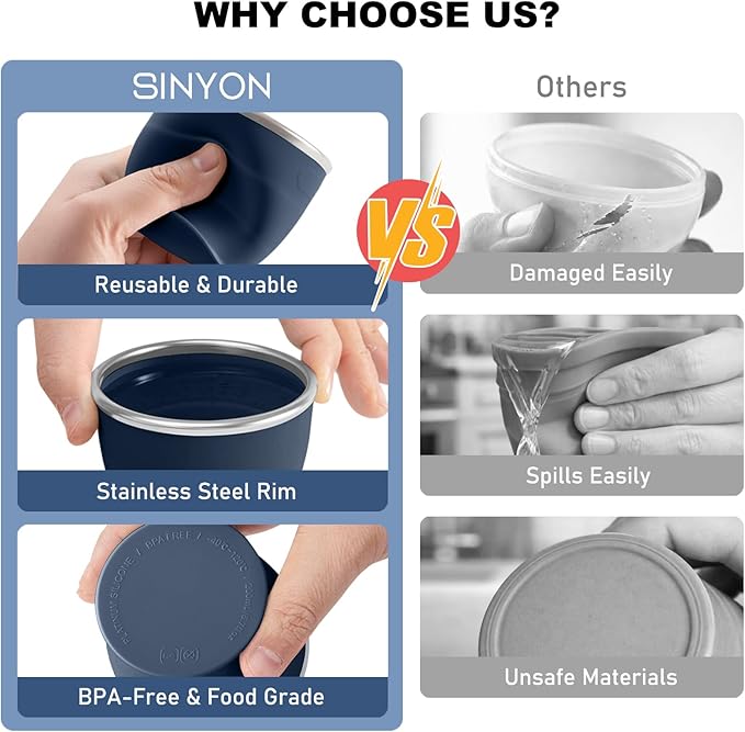 Collapsible Travel Cup, BPA-Free Reusable Water Cup, Lightweight Drinking Cups with Lids and Carrying Strap, Dishwasher Safe Silicone Cups for Camping, Travel, Airports, Hotel (6.7oz, Navy)