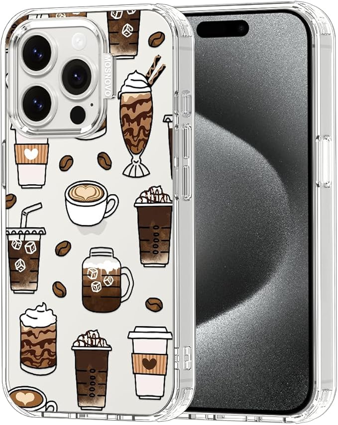 MOSNOVO Case for iPhone 15 Pro, [Buffertech 6.6ft Military-Grade Drop Protection] [Anti Peel Off Tech] Clear TPU Bumper Phone Case Cover Design - Coffee
