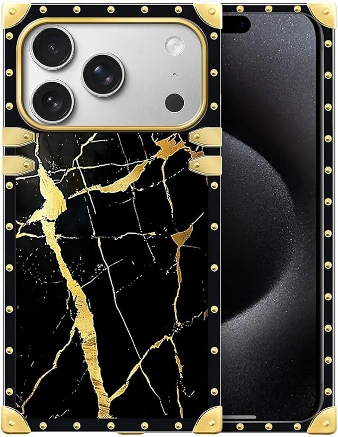 for iPhone 17 Pro Case Luxury Golden Decoration for Girl Women Soft TPU Shockproof Protective Hard PC Back for iPhone 17 Pro Crazy Pattern Black Gold Marble Nature