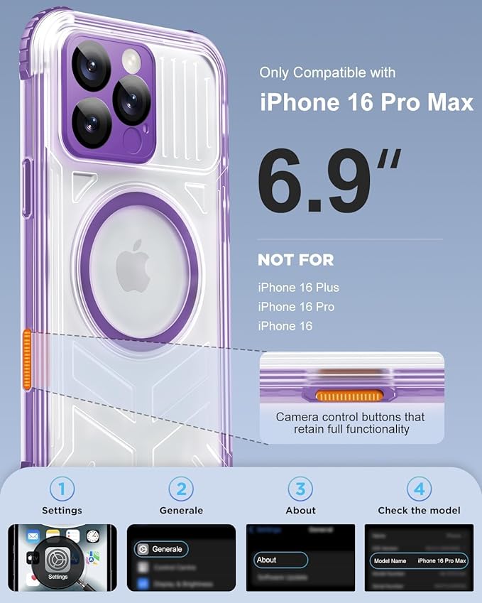 for iPhone 16 Pro Max Waterproof Case with Magsafe, Built-in [Camera & Screen Protector] [Lanyard], IP68 Water Proof Full Body Dustproof Heavy Duty Frosted Protective Phone Cover, 6.9" Purple