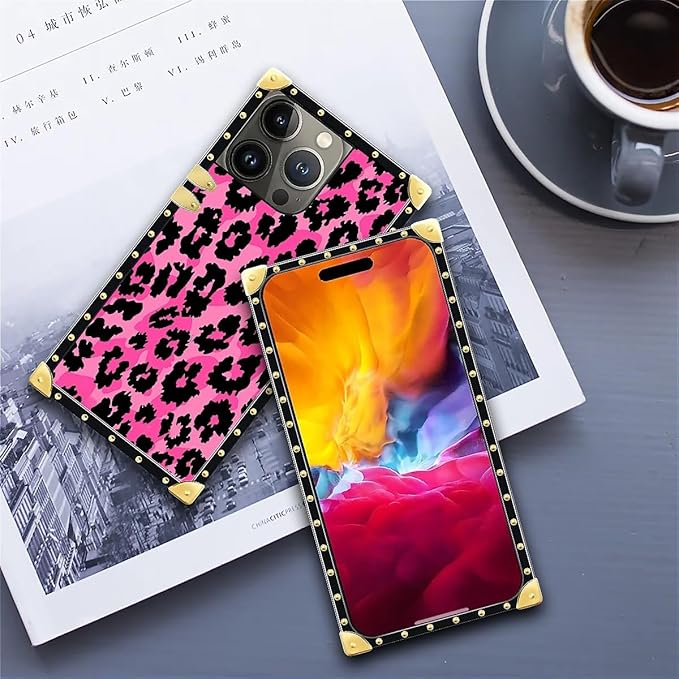 Compatible with iPhone 15 Pro Max Case, Pink Black Leopard Luxury Golden Decoration for Girl Women Soft TPU Shockproof Protective Hard PC Back for iPhone 15 Pro Max