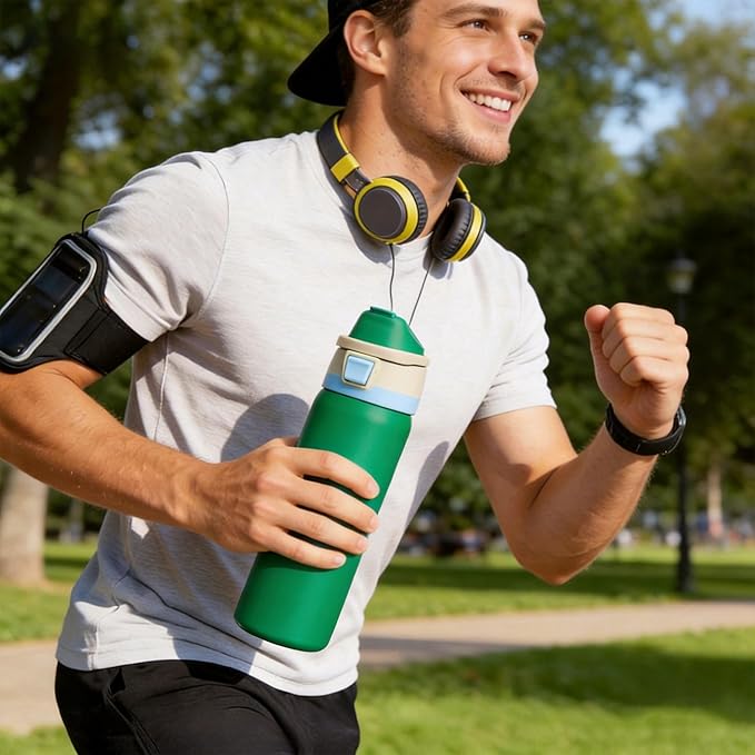 Fijinhom 32 oz Insulated Water Bottle with 2-in-1 Straw and Spout Lid, Stainless Steel Double Wall Vacuum Flask, Sports Water Bottle Keeps Cold 24H, Leak Proof for Gym, Outdoor, Travel (Green)