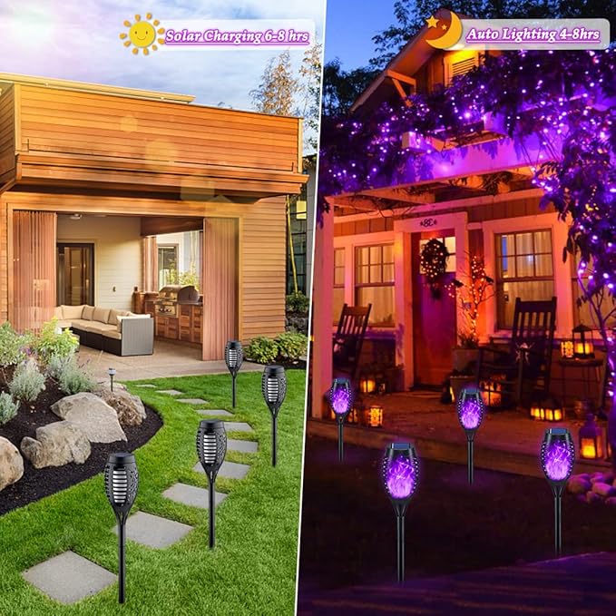 KYEKIO Halloween Decorations Outdoor, 12Pack Purple Solar Halloween Lights, Solar Torch Lights with Flickering Flame for Garden Decor, Waterproof Outdoor Lighting, Scary Torches for Yard Lawn Pathway