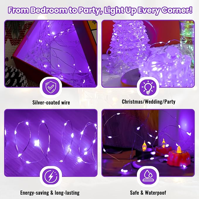 ZSJWL 30 Pack Purple Fairy Lights Battery Operated,7Ft 20LED Mini String Light, Waterproof Twinkle Light Silver Copper Wire Lights for Wedding Party Bedroom Christmas Table Decoration