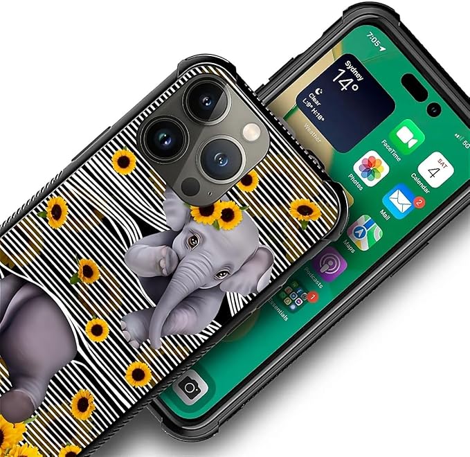 for iPhone 13 Pro Case, Cute Little Elephant Sunflower White Line Art Pattern Graphic Design Girl Boy Soft Silicone Hard Acrylic Shock Protection for iPhone 13 Pro