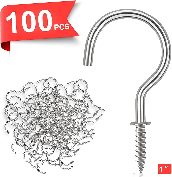 Cup Screw Hooks,1 inch Metal Screw in Ceiling Hooks 100 Pack Plant Hanger Wind Chimes Hooks Great for Hanging Indoor & Outdoor Use(Silver)