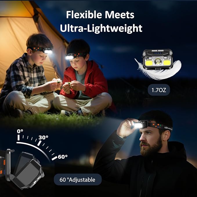 LHKNL Headlamp Rechargeable, Lumen Super Bright Motion Sensor Head Lamp Flashlight,2-Pack Waterproof LED Headlight with White Red Light,8 Modes Head Lights for Camping Cycling Running Fishing
