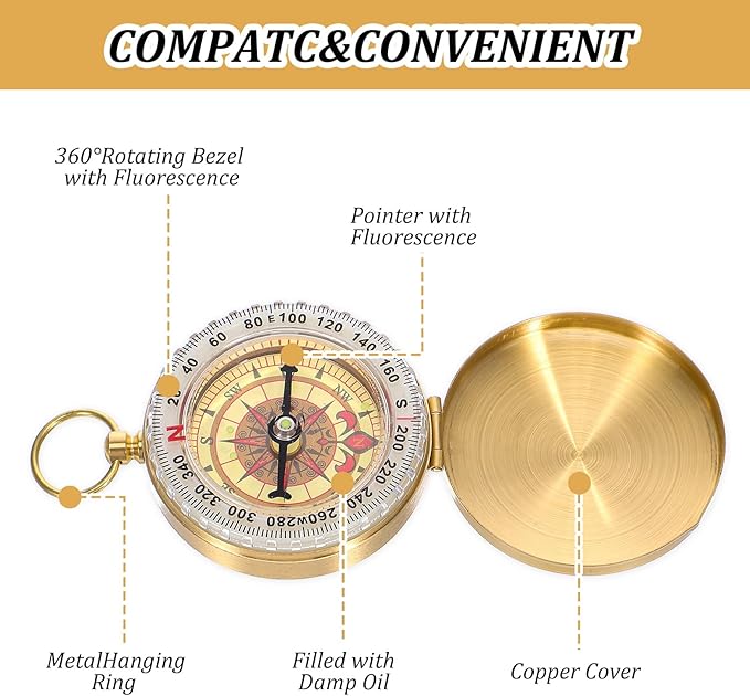 Brass Compass for Hiking Large Dial Pocket Compass with Keychain Loop Camping Survival Compass Ideal Metal Navigation Tool for Teen Scouts Men Hiking Camping Hunting Outdoor (Gold)
