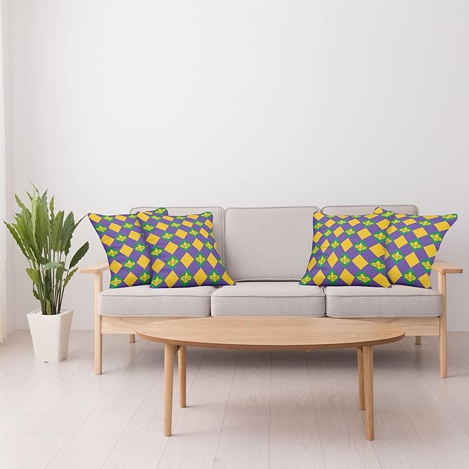 Ambesonne New Orleans Throw Pillow Cushion Case Pack of 4, Mardi Gras Themed Rhombuses with Fleur De Lis Motifs Classic Geometry, Modern Accent Double-Sided Digital Printing, 18", Violet Yellow