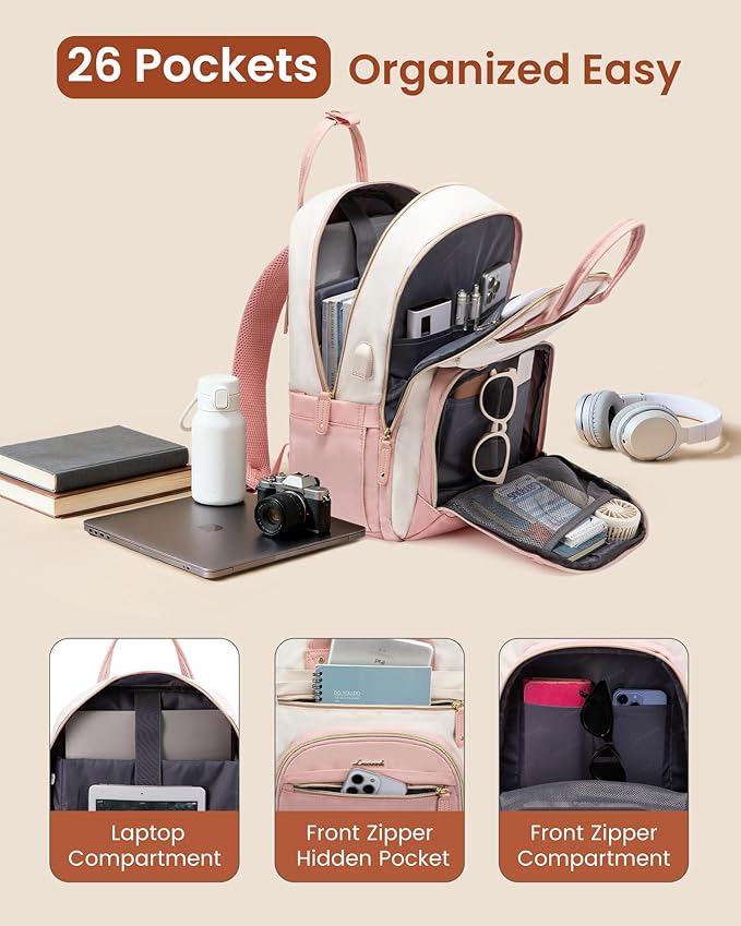 LOVEVOOK Backpack for Women,Laptop Backpack Women,Fits 15.6 Inch Laptop Bag,School Backpacks,Fashion Travel Work Anti-theft Bag,Waterproof Business Computer College Backpack Purse,Pink-Beige